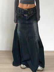 Aiertu -Vintage Eyelet Belt A-Line Denim Skirt aiertu