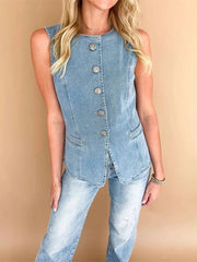 Aiertu - Fashion Denim Tank Women High Street O-neck Sleeveless Single Breasted Slim Female Tanks 2025 Spring Chic Casual Solid Lady Vest Aiertu