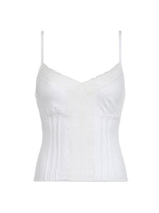 Aiertu - summer inspo Hot Black Solid Lace Patchwork Slim V Neck Basic Cute Camisole Women White Y2K Crop Top Aiertu