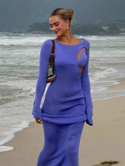 Aiertu - Sexy Long Trumpet Sleeved Hip Hugging Women Dress Hollow Out Fishtail Robe 2025 Spring Summer Vacation Beach Lady Long Dresses Aiertu