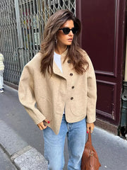 Aiertu - O Neck Single Breasted Apricot Women Winter Autumn New Coat Office Lady Short Thick Jacket Vintage Outerwear Loose Aiertu