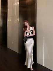Aiertu - Bow temperament collar hanging neck vest satin fish tail half skirt two-piece set women's summer fashion beautiful set Aiertu
