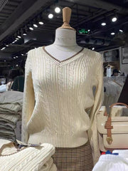 Aiertu - Classic Twisted Long Sleeve Sweater Women Contrast V Neck Knitted Pullover Tops Winter New American Vintage Preppy Style Jumper Aiertu