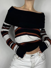 Aiertu -Off Shoulder Striped Print Sweaters aiertu