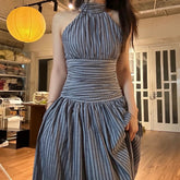 Aiertu Stripe Halter Backless Pleated Fashion Elegant Casual Bodycon Midi Dress Spring Summer Fashion Party New Women Vestidos Aiertu