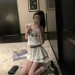 Aiertu - Sweet Hot Girl Casual Suit Women's Summer Gray Printed Zipper Hooded Vest High Waist Skirt Two-piece Set Fashion Female Clothes Aiertu