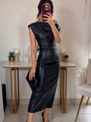 Aiertu Fashion Black Slanted Collar Leather Dress Cool Girl Sleeveless Off Shoulder Slim Long Dresses New Lady Evening Party Gown Aiertu