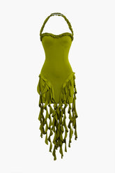 Aiertu Ruffle Tassel Halter Bustier Mini Dress Aiertu