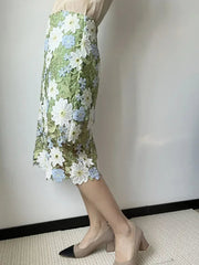 Aiertu - Floral-Embroidered Lace Green Pencil Skirts High Quality Hollow Out Knee-Length A-line Skirt Vintage Women Elegant Clothes Aiertu