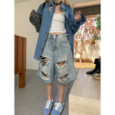 Aiertu Summer Vintage Blue Ripped Short Jeans Women Oversized Distressed Jorts Y2k Grunge Baggy Boyfriend Denim Shorts Wide Streetwear Aiertu