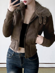 Aiertu - summer inspo Fashion Warm Chamois Women’s Jackets Long Sleeve Plus Velvet Faux Collar Zipper American Retro Thicked Coat Aiertu