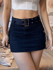 Aiertu -Buckle Belt Denim Cargo Mini Skirt aiertu