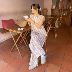 Aiertu - Elegant Striped Print Vest Pants Set Women Asymmetric Single Breasted Tops Wide Leg Trouser 2026 Summer Lady Casual Outfits Aiertu