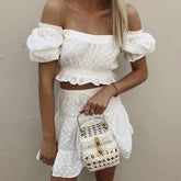 Aiertu - Hollow Out Embroidery Skirts Sets Women Off Shoulder Cropped Top+drawstring Mini Skirt 2025 New White Elegant Casual 2 Piece Set Aiertu