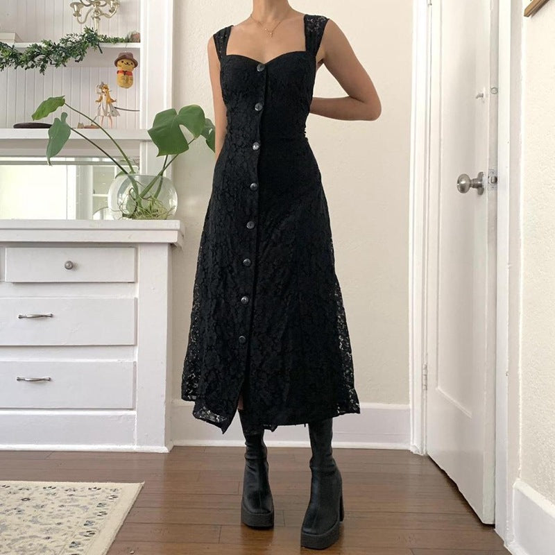 Aiertu - Lace Button Front Black Maxi Dress Aiertu