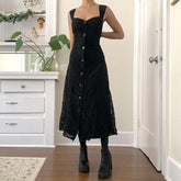 Aiertu - Lace Button Front Black Maxi Dress Aiertu