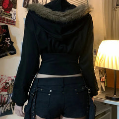 Aiertu - Black Hoodies Womens 2000s Clothes Y2k Hooded Sweatshirts With Fur Streetwear Zip Up Cropped Jacket Grunge Corest Top Aiertu