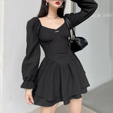 Aiertu - Temperament Square Neck Puff Long Sleeve Double Short Skirt Dress Aiertu