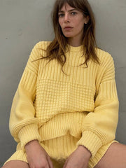 Aiertu - Knitted Solid Women Sweater Sets Crochet O Neck Full Sleeves Lady Pullover Set 2024 Autumn Casual Fashion Wide Leg Shorts Suit Aiertu