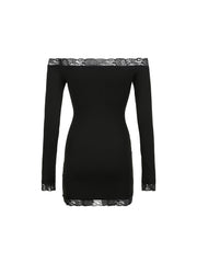 Aiertu - summer inspo Solid Slim Lace Trim Off Shoulder Long Sleeve Black Short Dress Women Elegant Sexy Party Dresses Aiertu