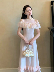 Aiertu - summer sweet girls pink long dress lace splicing ruffled off shoulder o neck short sleeve high waist slim a line dresses Aiertu