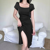 Aiertu - Ribbed Short Sleeve Slit Maxi Dress Aiertu