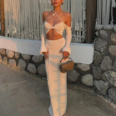 Aiertu - Sexy Off Shoulder Sling Bikini Long Skirts Set Woman Casual Slim Solid Lace Up Tube Tops Slit Skirt Sets Female Beach Party Suit Aiertu