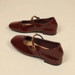 Aiertu - Shallow single shoes women 2025 summer new red patent leather evening style square head low heel flat Mary Jane shoes Aiertu
