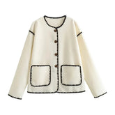 Aiertu - Women Fashion With Pockets Contrast Loose Woolen Jacket Coat Vintage Long Sleeve Button-up Female Outerwear Chic Tops Aiertu