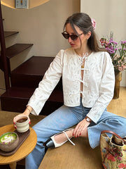 Aiertu - Elegant Embroidered Hollow Out Shirt Women Vintage White O-neck Lace Up Short Shirts Female Spring Versatile Chic Street Tops Aiertu