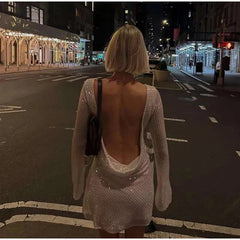 Aiertu - Elegant Backless Solid Sequins Mini Dress Women Sexy Long Sleeve O-neck Short Dress Lady Fashion New Evening Party Chic Vestidos Aiertu