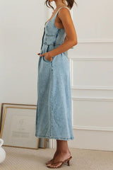Aiertu -Elegant Solid Color Buttons Patchwork V Neck Sleeveless Denim Dresses aiertu