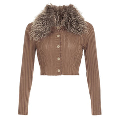 Aiertu - Y2K Brown Buttons Crop Sweater with Detachable Fur Collar Autumn Vintage 2000s Knitted Cardigan Slim Winter Outfits Aiertu