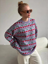 Aiertu - Women's Round Neck Cherry Printed Sweater Autumn Winter New Mid Length Fashion Top Retro Knitted Sweater Pullover Aiertu