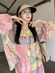 Aiertu - Sunscreen Printed Vintage Women Sets New Blouses India Folk Gentle Summer Full Sleeve Stylish Chic Casual Suit Shorts Aiertu