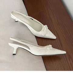 Aiertu - Chinese White Pearl High Heel Sandals Women Spring and Summer Jacquard Satin Pointed After Empty Sandals Spring New Aiertu