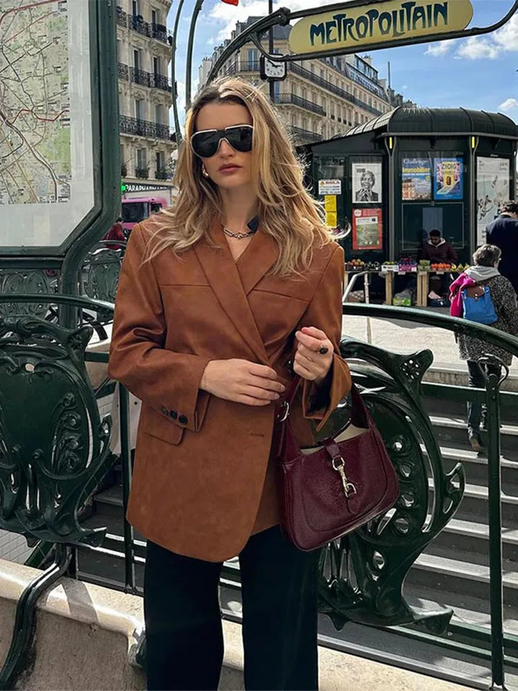 Aiertu - Retro Brown Lapel Blazer Jacket Women Fashion Single Breasted Long Sleeves Office Suit Coats Autumn New Lady Commute Outerwear Aiertu