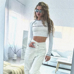 Aiertu - Letter Printed Motorcycle Short Slim Fit Top American Retro Fashion Tight T-shirt Women Clothes Y2k Hot Girl Long Sleeve Top Aiertu