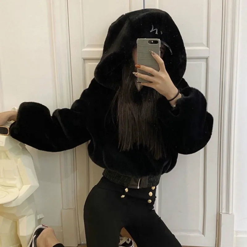 Aiertu - Fashion Zipped Up Coat Women's Hooded Outwear Female Parkas Winter Lamb Fur Fleece Coat Y2k Korean Fashion Vintage Crop Jackets Aiertu