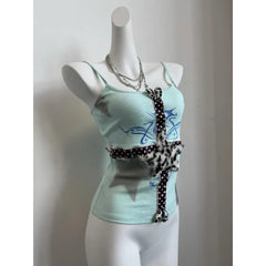Aiertu - Kawaii American hot girl Mint green leopard cross star pattern love print suspender T-shirt for women summer sleeveless slim top Aiertu