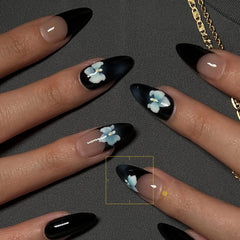 Aiertu - 24pcs Black French Full Cover Nail Tips Flower Design Mid-length Almond False Nails Wearable Oval Fake Nail Sets Press on Nails Aiertu