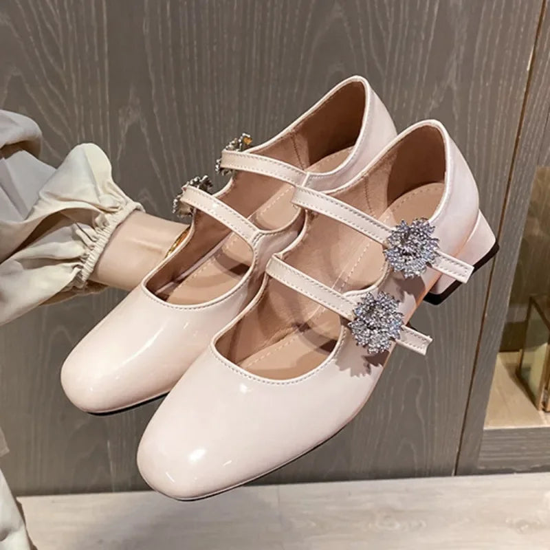 Aiertu - Chunky Heels Women Mary Jane Shoes Bling Rhinstones Elegant Patent Leather Party Wedding Ladies Pumps Autumn Lolita Footwear Aiertu
