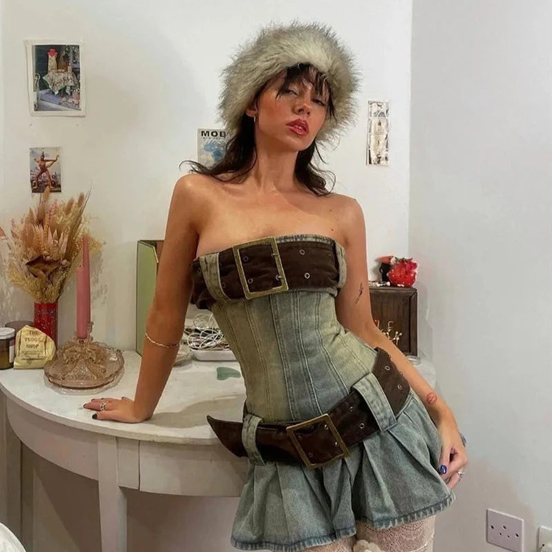 Aiertu - Women new style skirt hot girl retro super wide detachable belt thirteen lines pleated tube top denim dress Aiertu