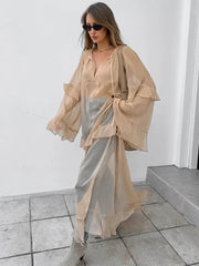 Aiertu - Fashion Oversized Cover Up Dress Women 2025 V Neck Loose Streetwear Casual Long Sleeve Maxi Dress Femme Ruffle Dresses Aiertu