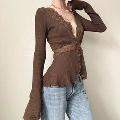 Aiertu -Dezirae Lace Woolen V-Neck Cardigan aiertu