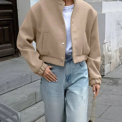 Aiertu - Casual Short Bomber Coats Women Loose O-neck Long Sleeve Single Breasted Jacket 2026 Autumn New Lady Vintage Solid Tops Outwear Aiertu