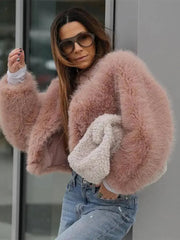 Aiertu - Luxury Faux Fur Short Jacket Fashion 2026 Women Autumn Winter Warm Long Sleeve Coat Elegant Female Commute Cardigan Outwear Aiertu