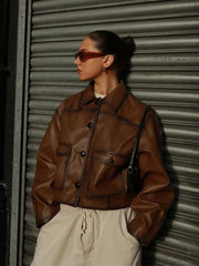 Aiertu - Fashion Solid Lapel Single Breasted Leather Jacket Women Chic Long Sleeve Pocket Warm Coat 2026 New Autumn Lady High Streetwewar Aiertu