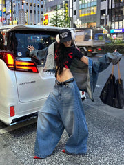 Aiertu - 90s Skater Women Whiskers Horseshoe Jeans Do Old Casual Solid Barrel Wide Leg Baggy Denim Pants Hiphop Retro Clothes Aiertu