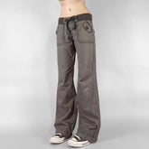 Aiertu - Vintage Lace-up Mid-sied Jeans 2000s Women Streetwear Aesthetic Pockets Straight Leg Trousers Fashion Autumn Outfits Aiertu